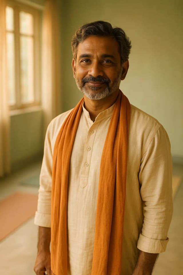 A yoga teacher standing in a warm sunlit practice room